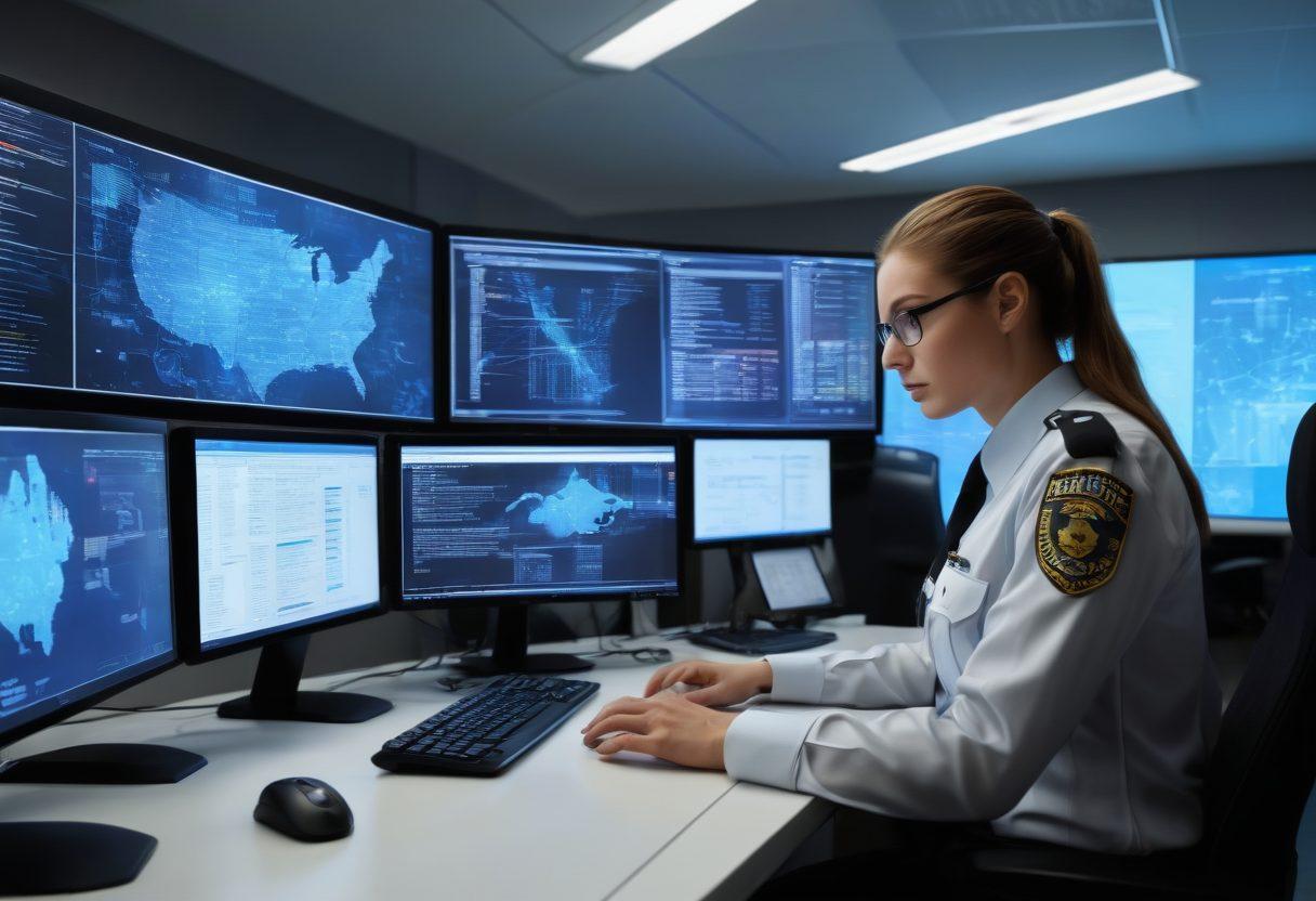 A dynamic scene showcasing a sleek modern office environment with data analysts examining large digital screens filled with data analytics and verification processes. In the foreground, a confident law enforcement officer reviews a digital report, embodying the fusion of technology and justice. The background features abstract representations of security elements like shields and checkmarks. Emphasize a sense of safety and technology in a collaborative atmosphere. super-realistic. vibrant colors. digital art.