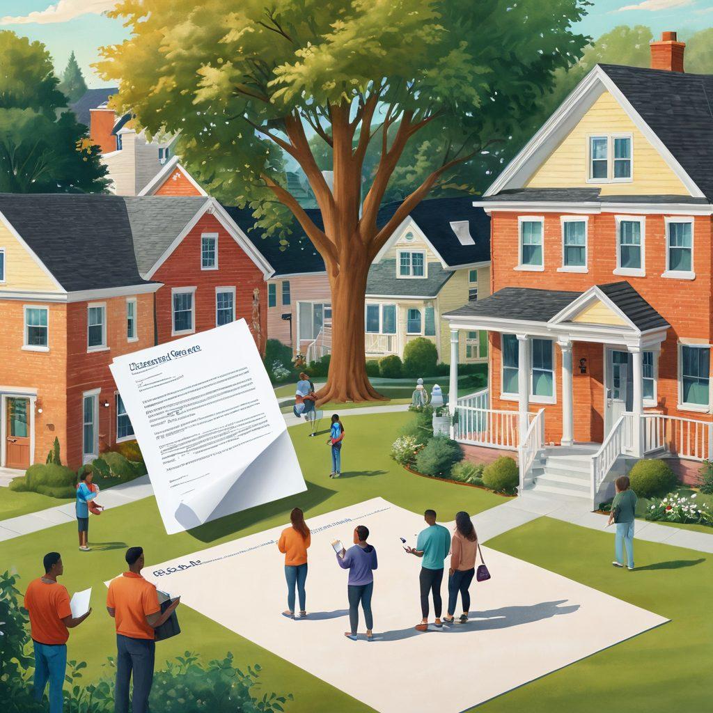 A community scene showing a diverse group of people engaging in conversations, symbolizing trust and safety. In the background, a serene neighborhood with houses and trees, while a magnifying glass hovers over a document labeled 'Background Check' symbolizing scrutiny. Soft warm colors evoke a sense of security and community bonding. super-realistic. vibrant colors.