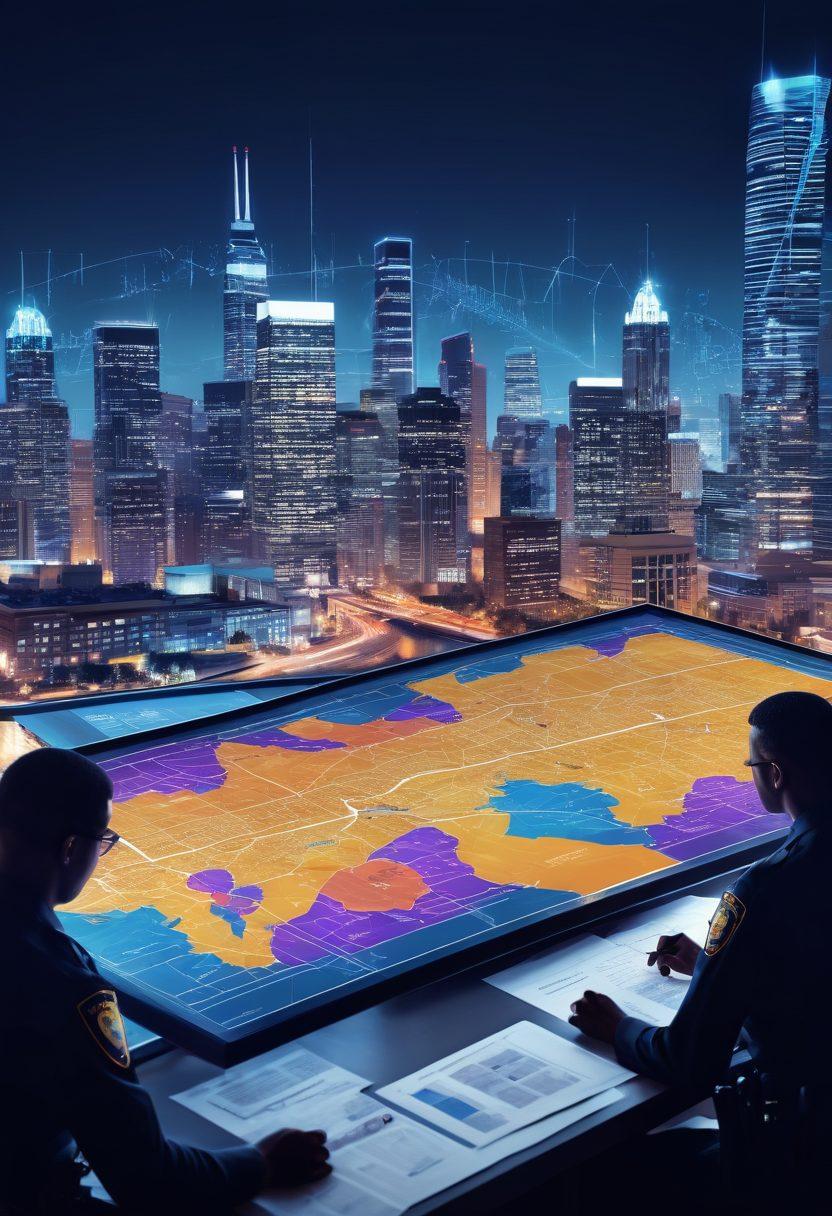 A diverse group of law enforcement officers examining a digital map filled with criminal history data, overlaid with graphs depicting crime trends. In the foreground, community members engage in conversation, symbolizing collaboration for public safety. The background features a city skyline, illustrating urban environments. Include vibrant colors and a blend of realistic and abstract elements to showcase data and community interaction. super-realistic. vibrant colors.